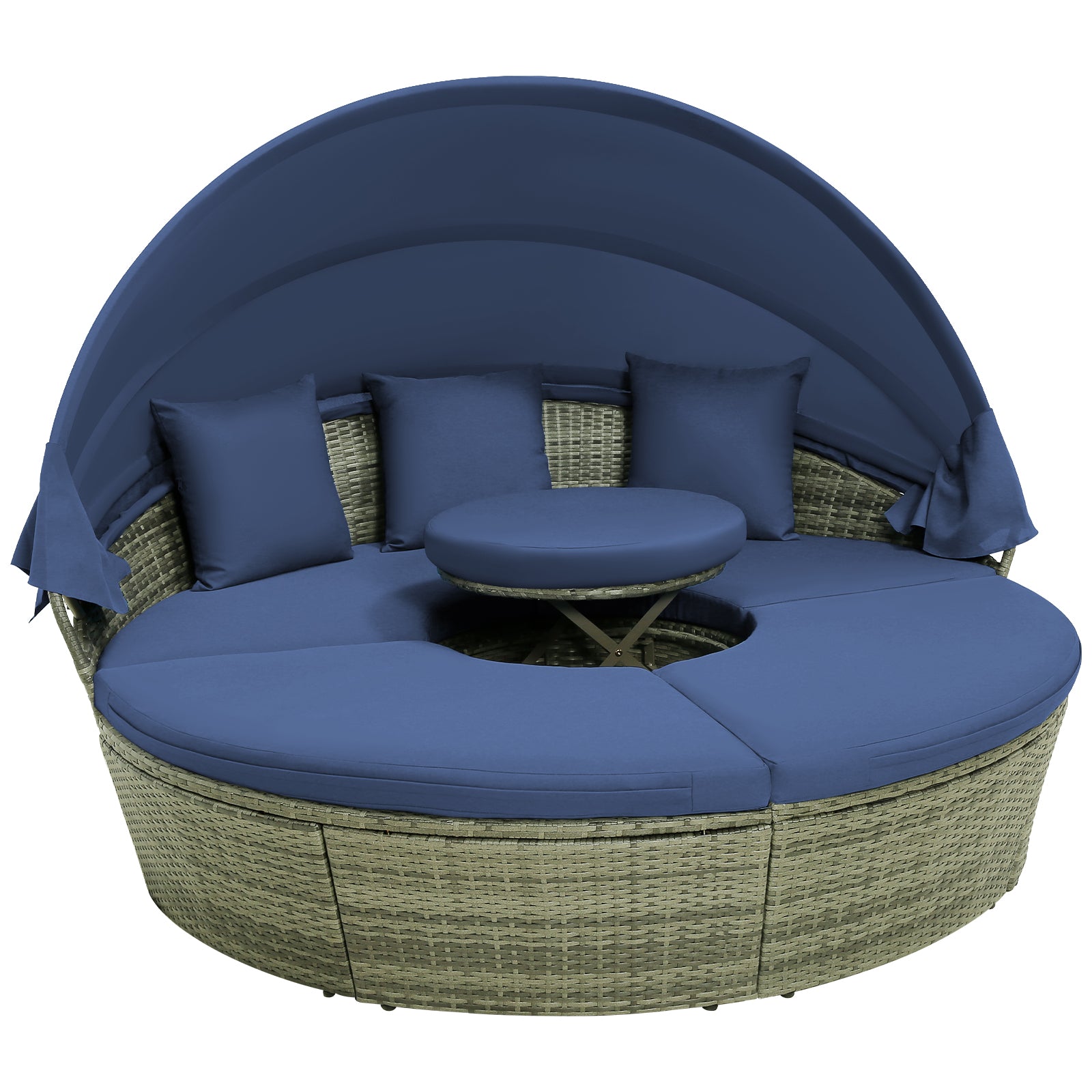 Outdoor Round Daybed with Retractable Canopy for Backyard, Poolside, Lawn-Navy