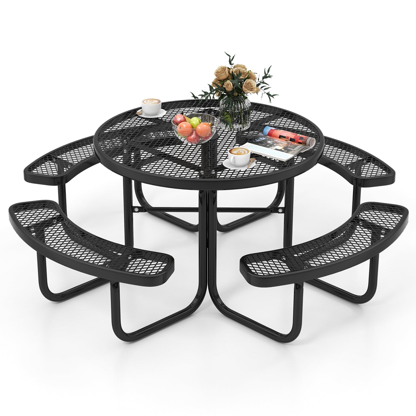 Outdoor Round Picnic Table and Bench Set for 8 with Seats and Umbrella Hole-Black