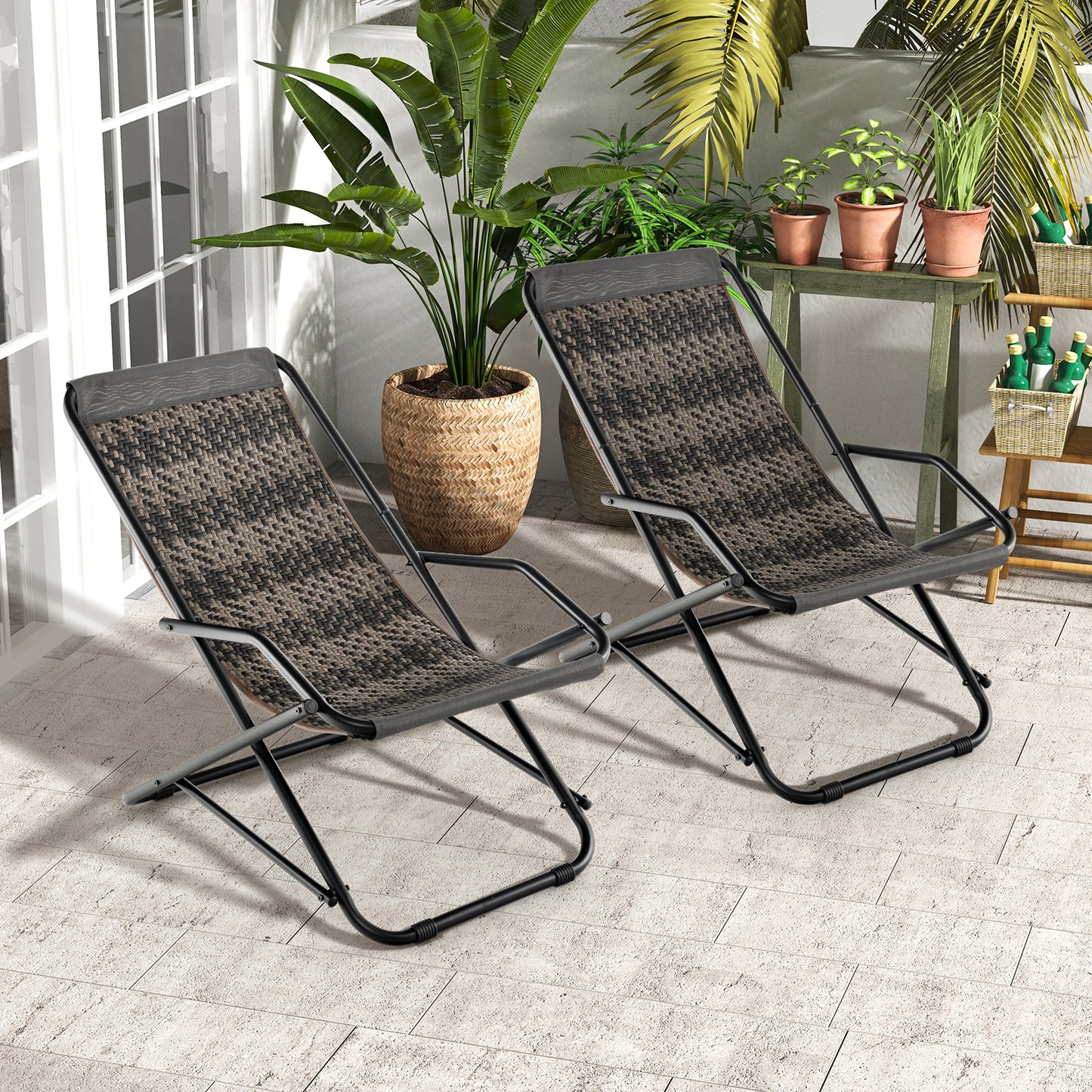 Outdoor Sling Chair with Armrests-Grey