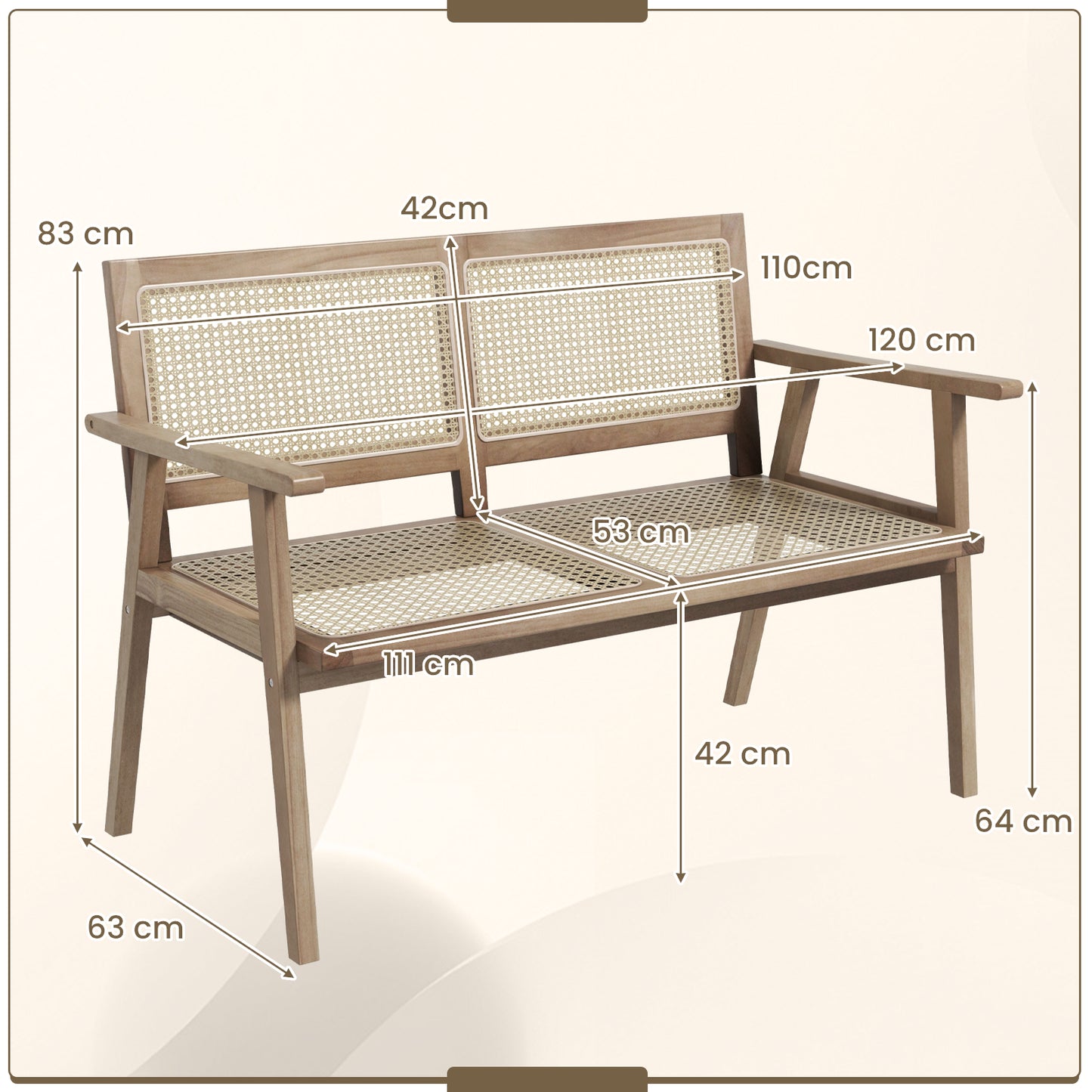 Outdoor Teak Wood Garden Bench with Armrests Rattan Backrest and Seat