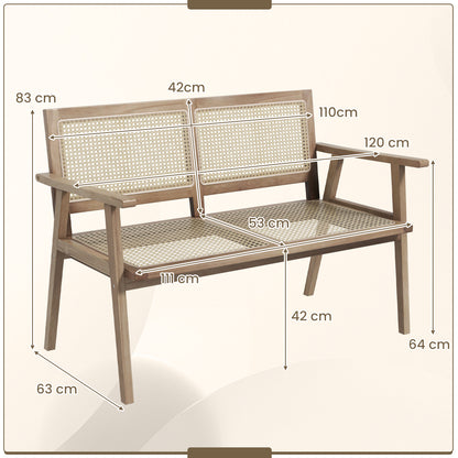 Outdoor Teak Wood Garden Bench with Armrests Rattan Backrest and Seat