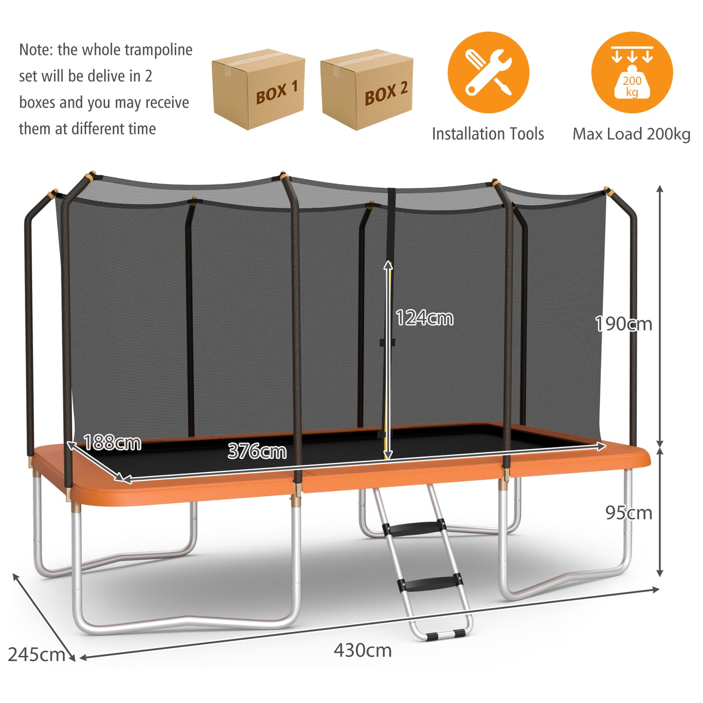 8 FT x 14 FT Rectangular Trampoline with Enclosure Net-Orange