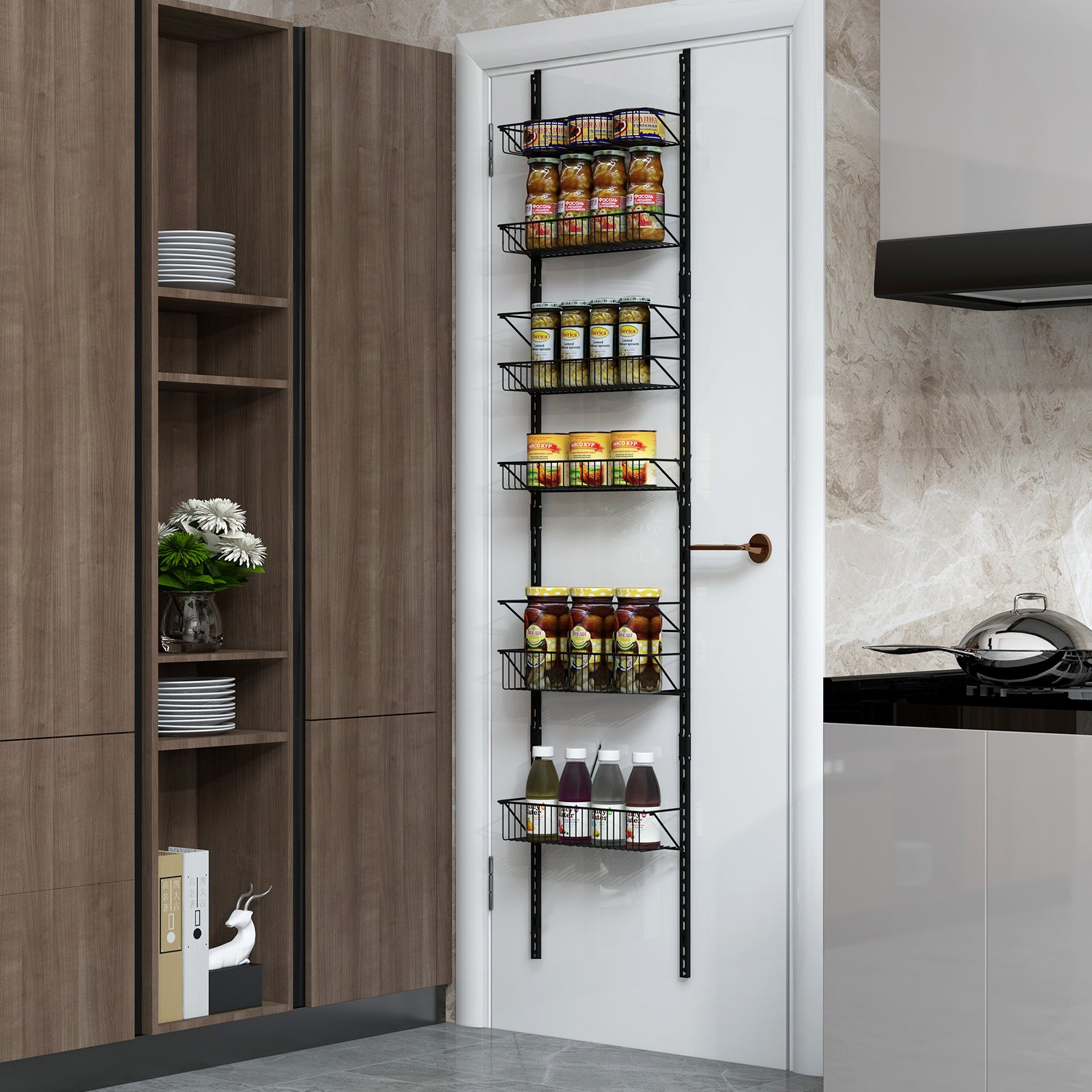 Over The Door Pantry Rack with Metal Wire Baskets and Hooks