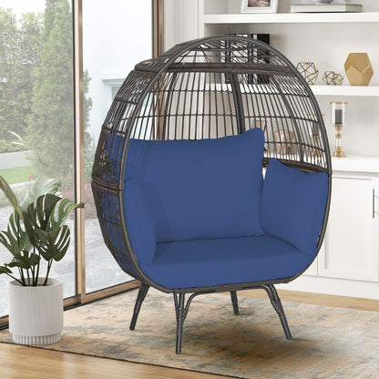 Oversized Patio Wicker Egg Lounge Chair with 4 Soft Cushions-Navy