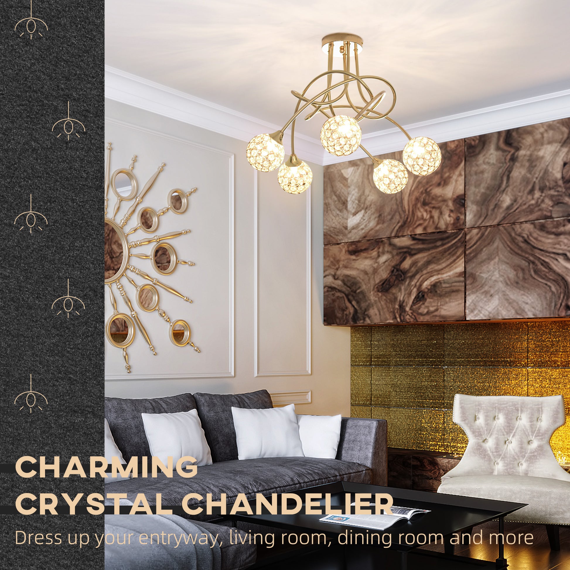 HOMCOM Crystal Chandelier Modern Pendant Light for Living Room with 5 Ball Lampshades 5 G9 Bulbs Required Gold Tone