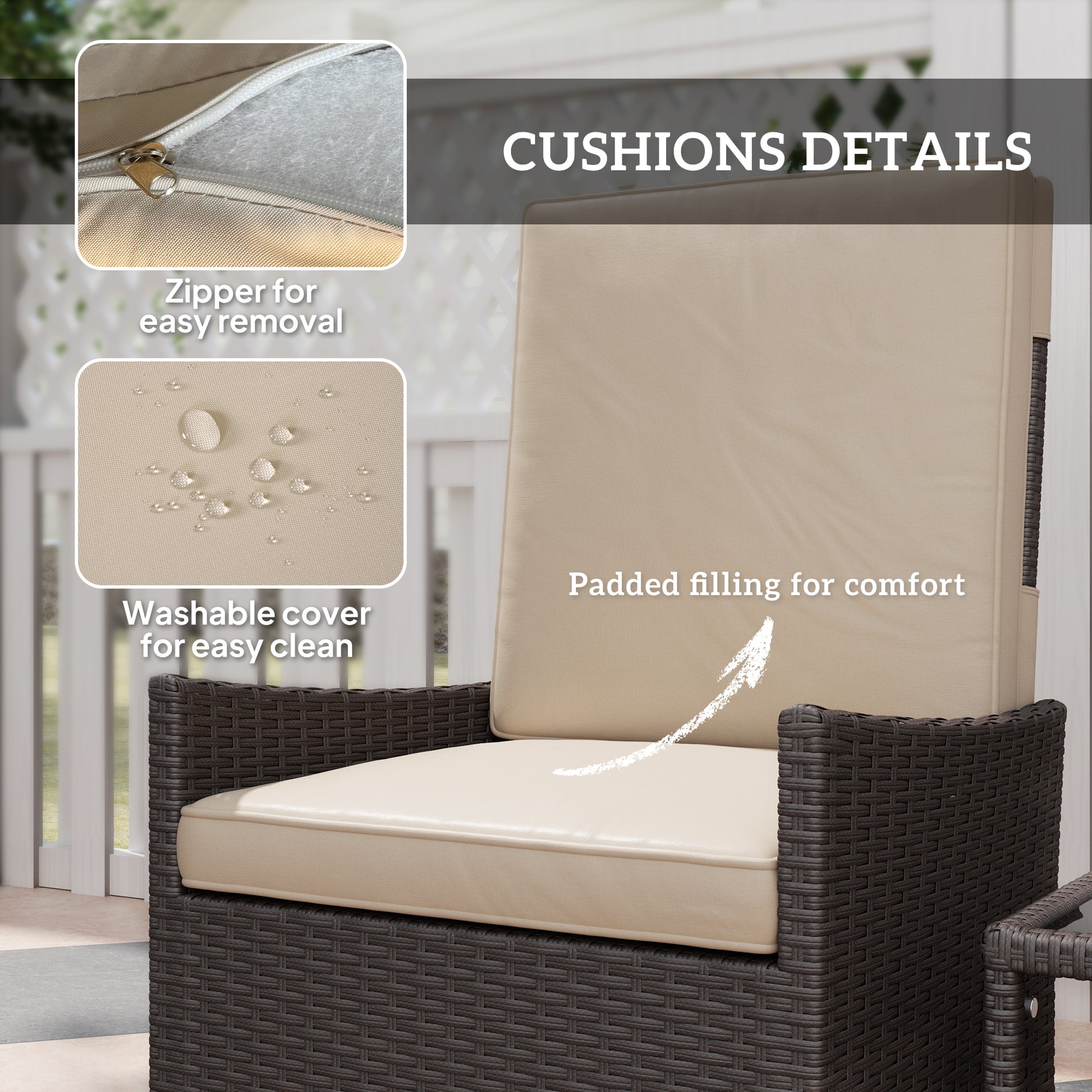 Outsunny 5 Piece Rattan Garden Furniture Set, Wicker Patio Sofa Set with 2 Armchairs, 2 Footstools, Glass Top Coffee Table with Shelf, Outdoor Furniture with Adjustable Backrests, Cushions, Khaki