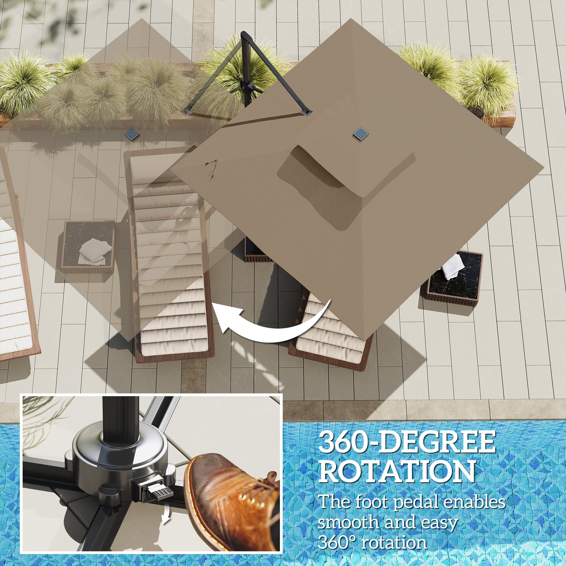 Outsunny 3.5x3 m Garden Cantilever Parasol with Solar LED Lights and Centre Light, UPF50+ Aluminium Patio Umbrella with 360° Rotation and Tilt, Hanging Sun Shade with Cross Base, Crank Handle, Khaki