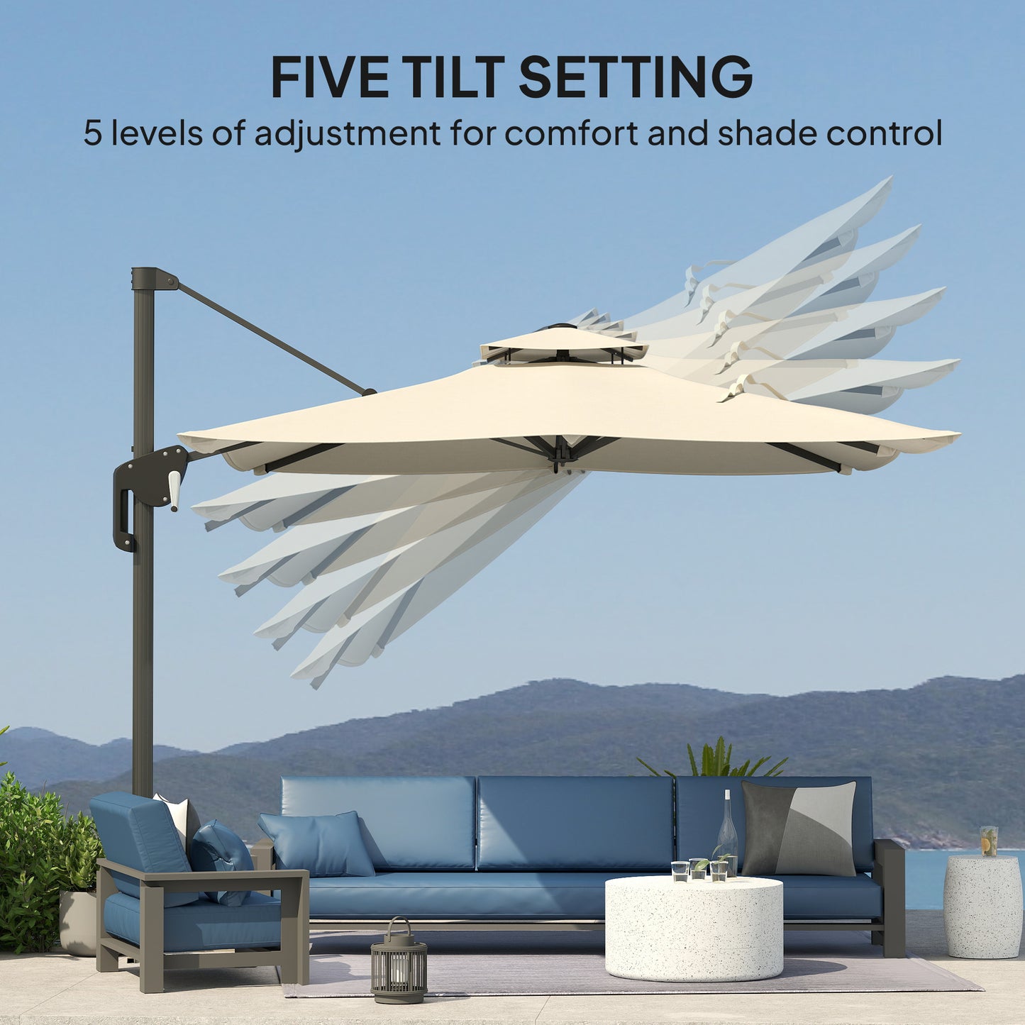 Outsunny 3.7 x 2.7 m Cantilever Parasol w/ 360° Rotation and Easy Tilt Adjustment, Aluminium Hanging Offset Outdoor Umbrella w/ Double Top and Cross Base, UPF50+ Hanging Sun Shade, Black