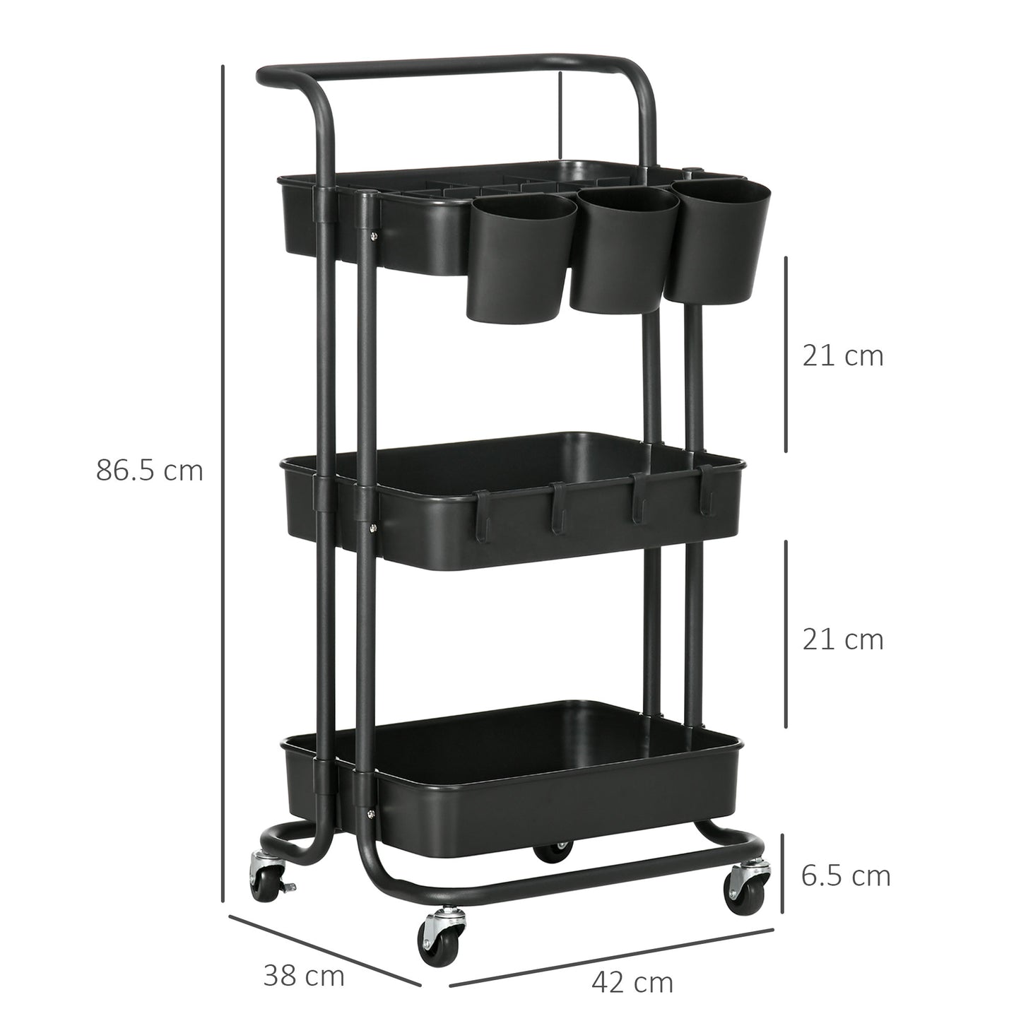 HOMCOM 3 Tier Utility Rolling Cart, Kitchen Cart with 3 Removable Mesh Baskets, 3 Hanging Box, 4 Hooks and Dividers for Living Room, Laundry Black
