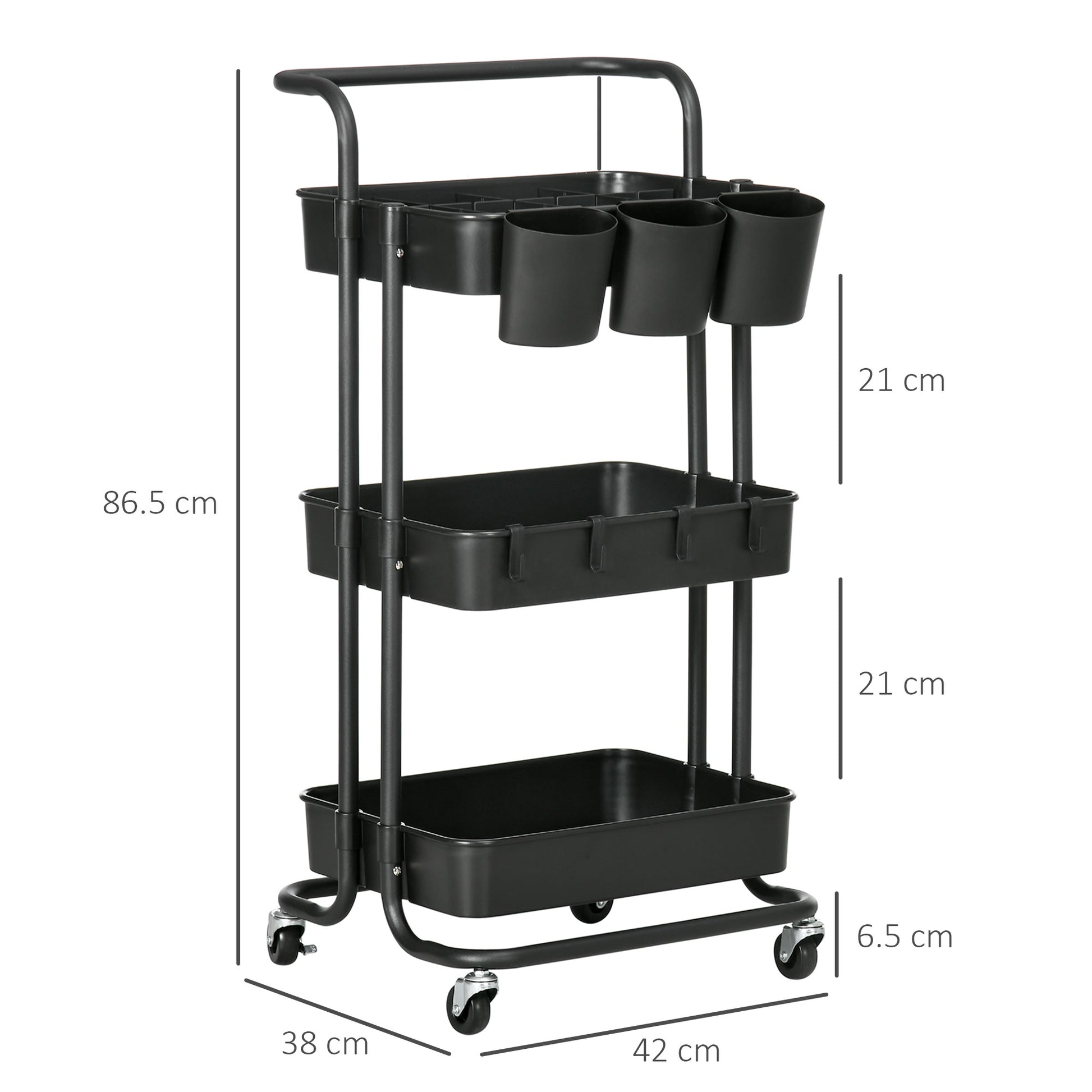 HOMCOM 3 Tier Utility Rolling Cart, Kitchen Cart with 3 Removable Mesh Baskets, 3 Hanging Box, 4 Hooks and Dividers for Living Room, Laundry Black