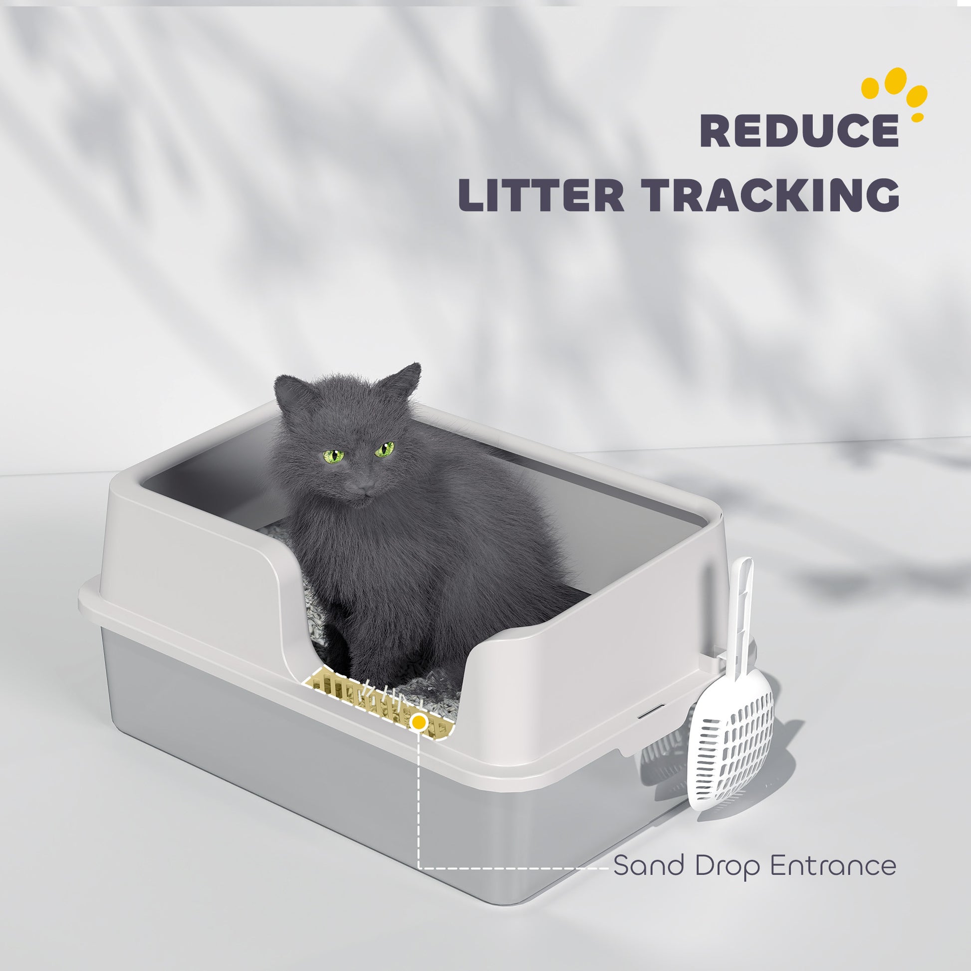 PawHut Stainless Steel Litter Box with Detachable Rim, Scoop, Easy Cleaning, Odour-Resistant, 60 x 40 x 28 cm