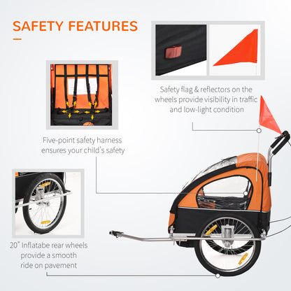 HOMCOM Collapsible Bike Trailer 2-Seater for Baby Bicycle with Pivot Wheel Suitable For 18 Month + Child Orange