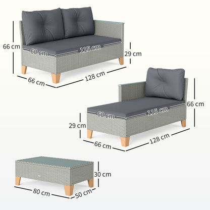 Outsunny 3 Pieces Rattan Garden Furniture Set, L Shaped Garden Conversation Chaise Lounge Furniture with Wood Top Coffee Table and Thick Cushions, Charcoal Grey