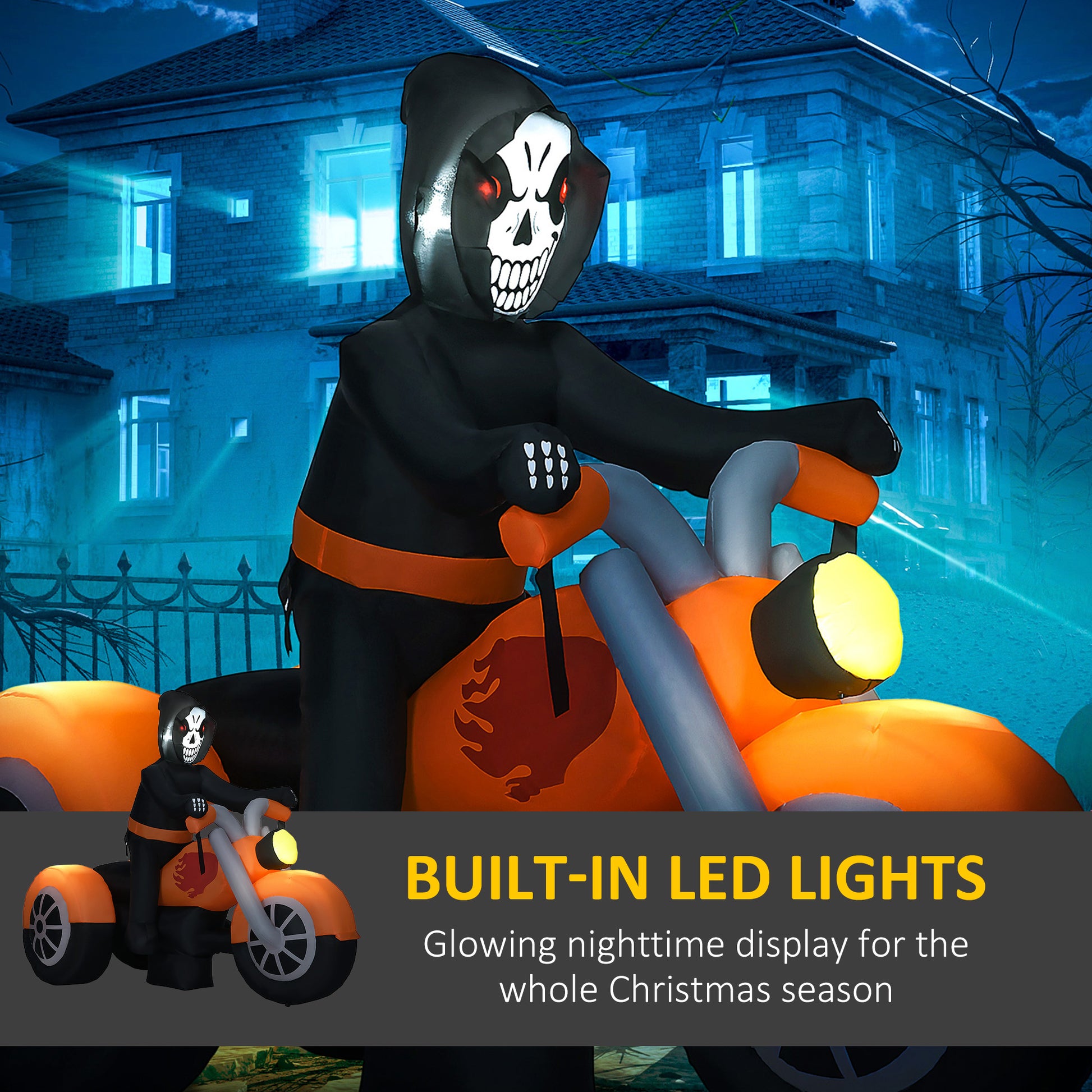 HOMCOM 9FT Long Halloween Inflatable Skull Rides a Motorcycle with Built-in LED Lights, Blow-Up Outdoor LED Garden Display for Lawn, Party