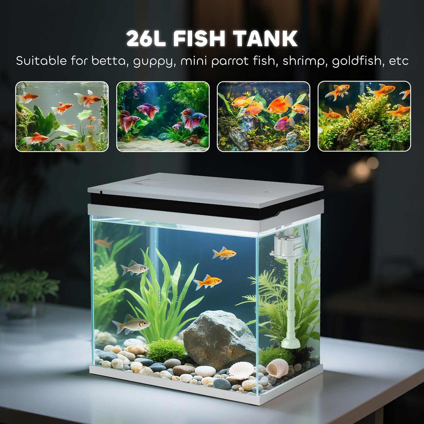 PawHut 26L Glass Fish Tank With Filter System, LED Lights, Water Pump, White