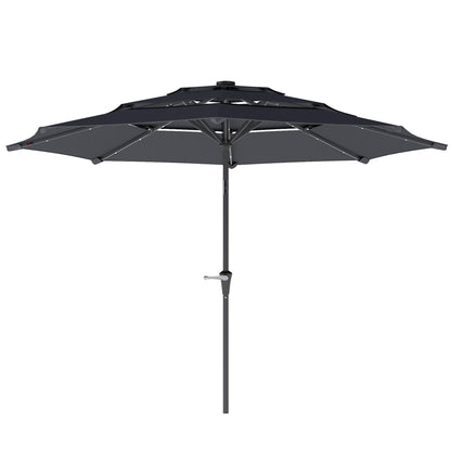 Outsunny 3-Tier Garden Parasol with Solar LED Lights, UPF 30+, Tilt Mechanism & Crank Handle, for Market Terrace, Dark Grey
