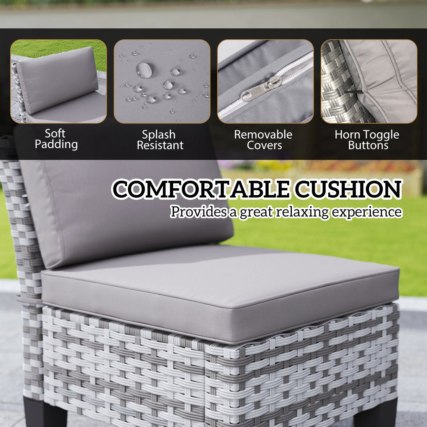 Outsunny 7-Piece Rattan Garden Dining Set, 6 Seater Wicker Garden Furniture Set with Seat and Back Cushions, Umbrella Hole, Patio Table and Chairs with Slatted Metal Top Table for Balcony, Grey