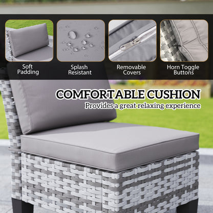 Outsunny 7-Piece Rattan Garden Dining Set, 6 Seater Wicker Garden Furniture Set with Seat and Back Cushions, Umbrella Hole, Patio Table and Chairs with Slatted Metal Top Table for Balcony, Grey