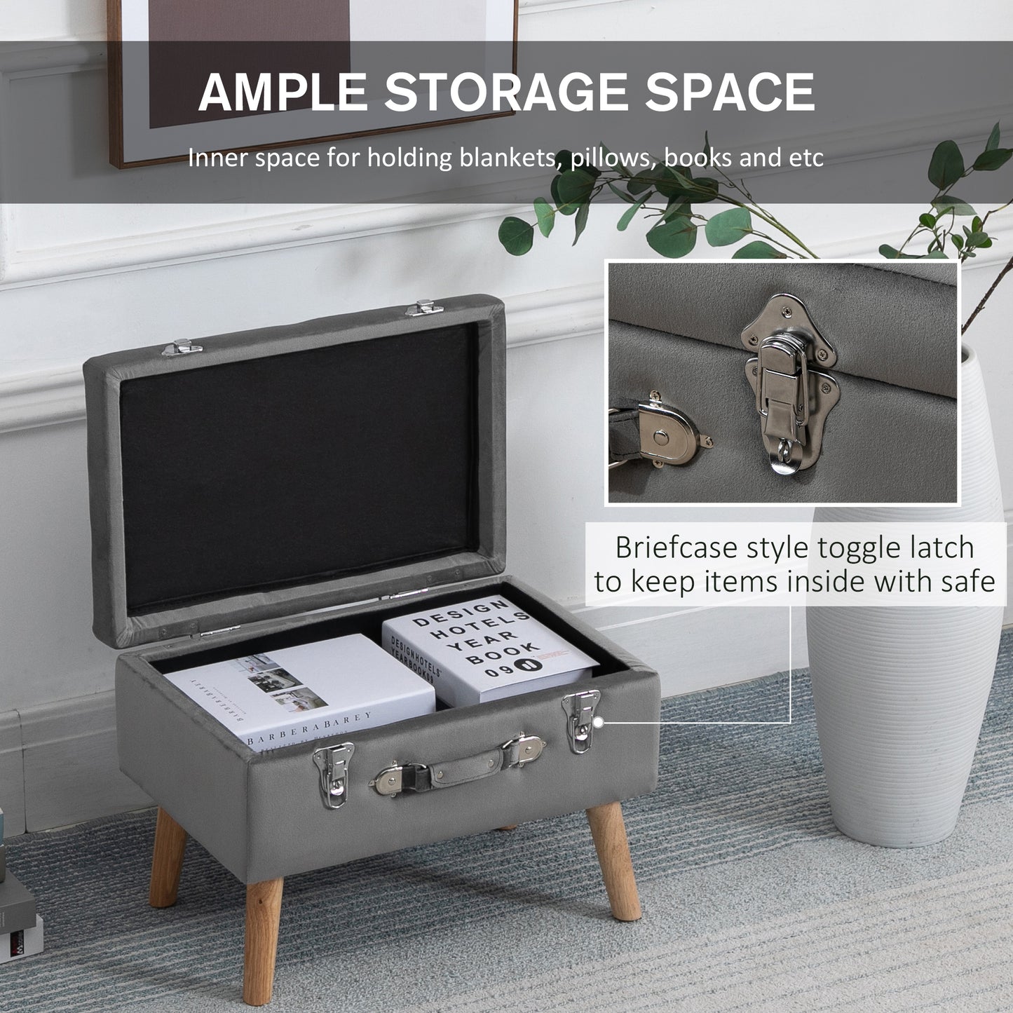 HOMCOM Faux Velvet Upholstered Ottoman Trunk w/ Wooden Legs Grey