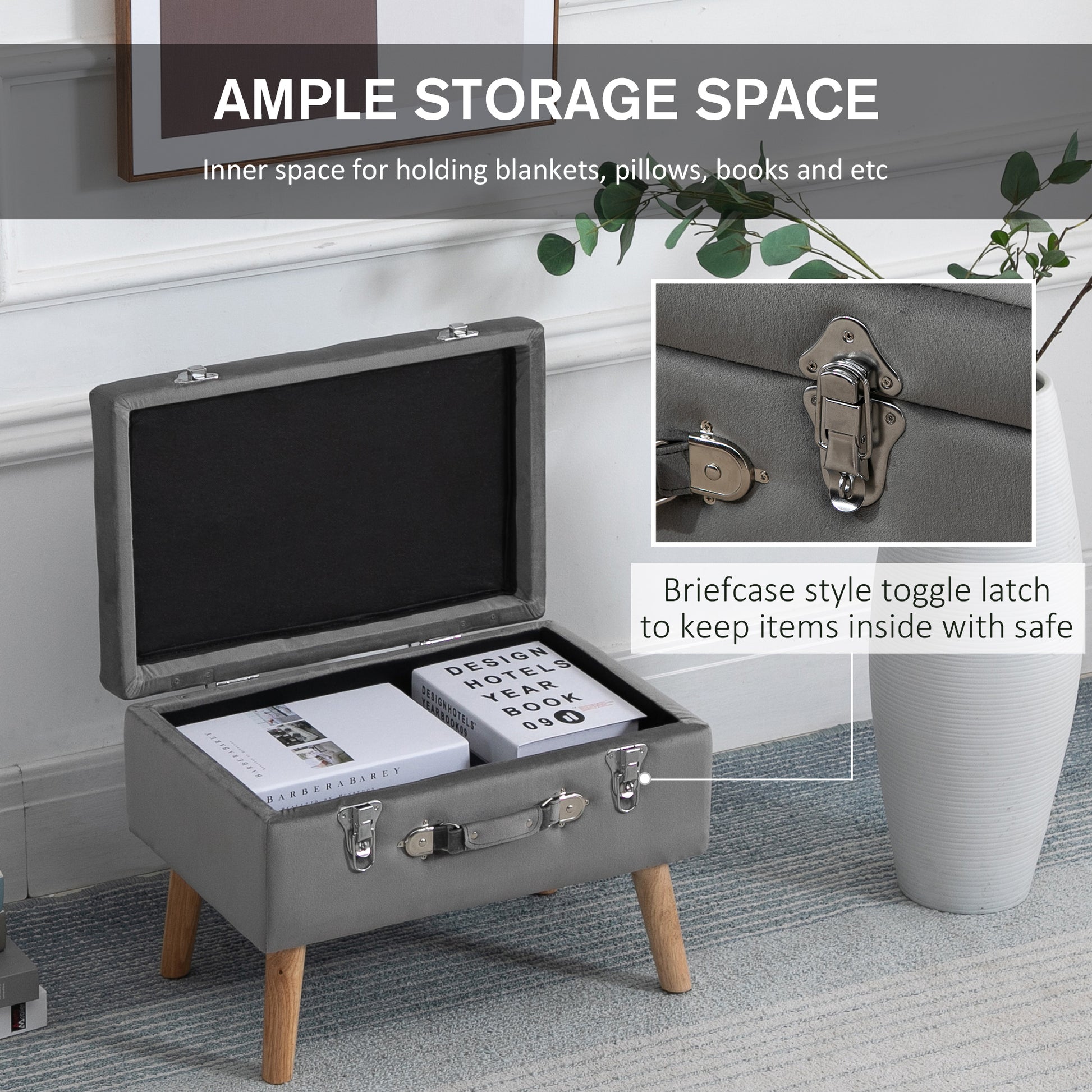 HOMCOM Faux Velvet Upholstered Ottoman Trunk w/ Wooden Legs Grey