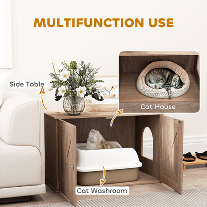 PawHut Cat Litter Box Enclosure with Double Doors and Side Entrance, Non-Slip Pads for Living Room, Walnut Brown