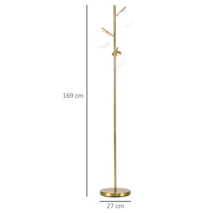 HOMCOM 3-Light Tree Floor Lamps for Living Room, Modern Standing Lamp for Bedroom with Globe Lampshade, Steel Base, (Bulb not Included), Gold Tone
