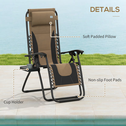 Outsunny Zero Gravity Lounger Chair Set of 2, Folding Reclining Patio Chair with Padded Seat, Cup Holder, Soft Cushion and Headrest for Poolside, Camping, Coffee