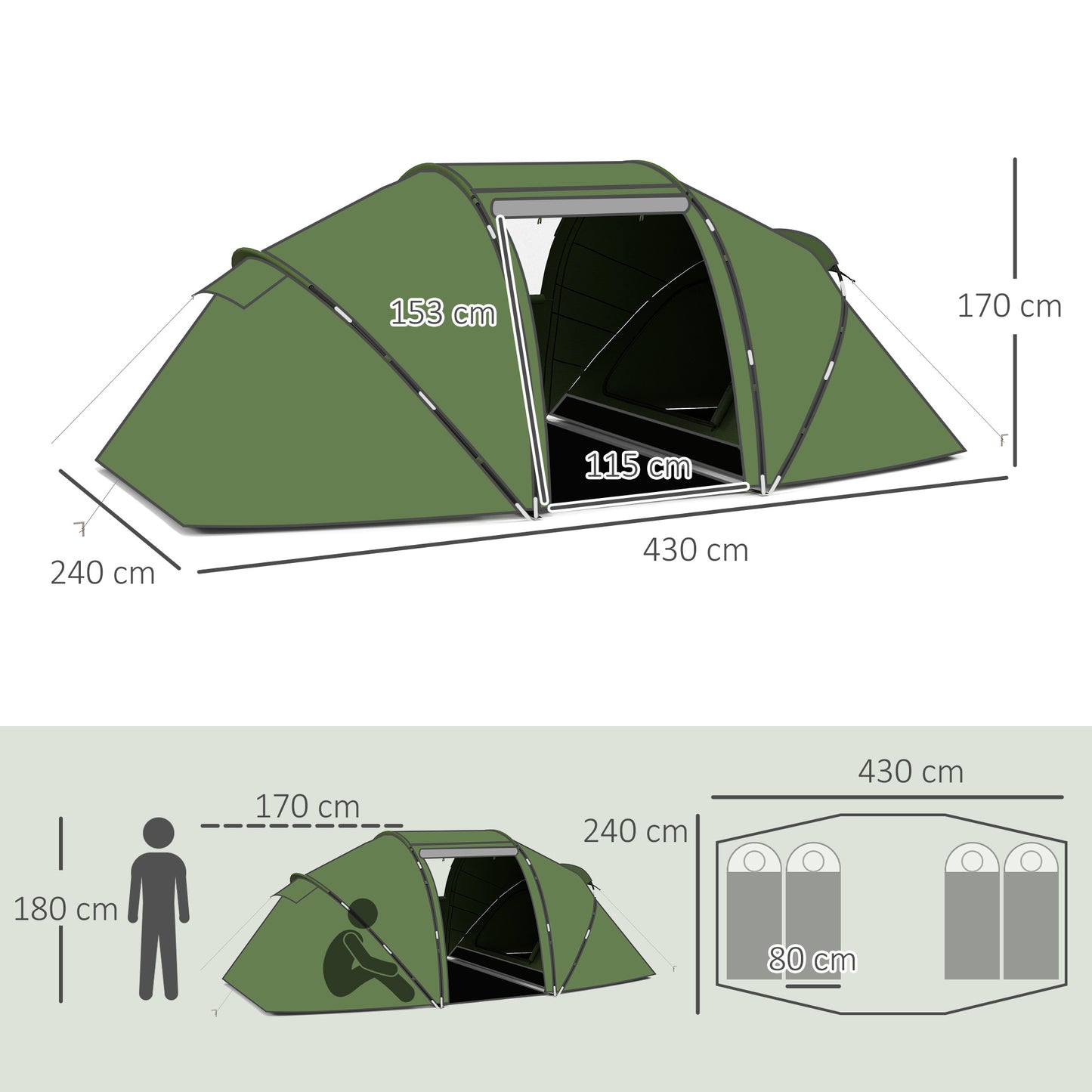 Outsunny 4-6 Man Camping Tent with Living Area and 2 Bedrooms, Hiking Sun Shelter, UV Protection Tunnel Tent, Dark Green