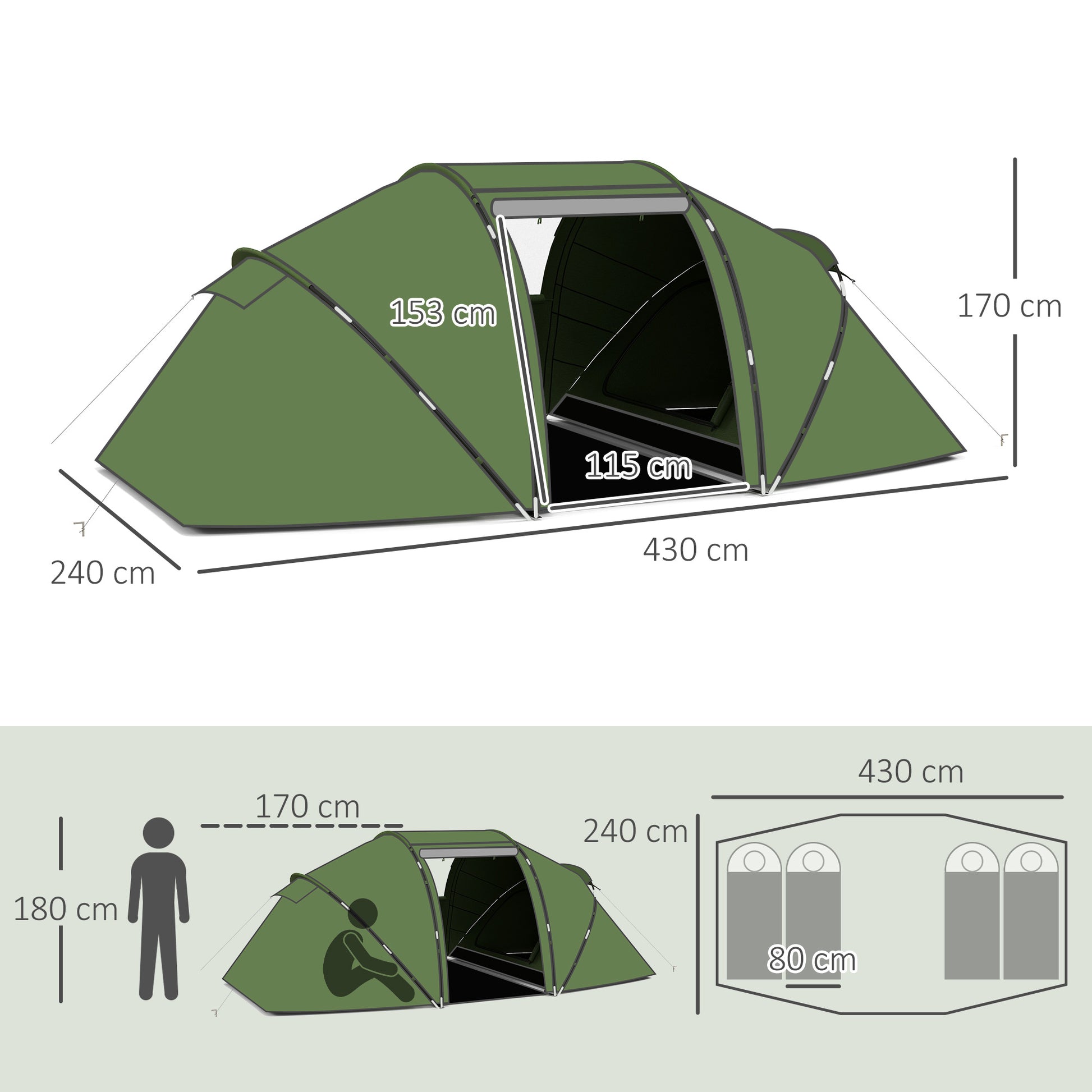 Outsunny 4-6 Man Camping Tent with Living Area and 2 Bedrooms, Hiking Sun Shelter, UV Protection Tunnel Tent, Dark Green