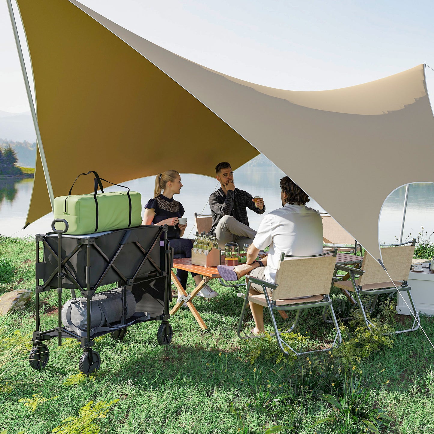 Outsunny Double Decker Folding Trolley on Wheels, 200KG & 350L Capacity Collapsible Wagon Festival Trolley Cart with 134cm Extended for Camping Sports Shopping Garden and Beach, Black