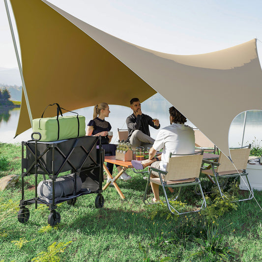 Outsunny Double Decker Folding Trolley on Wheels, 200KG & 350L Capacity Collapsible Wagon Festival Trolley Cart with 134cm Extended for Camping Sports Shopping Garden and Beach, Black