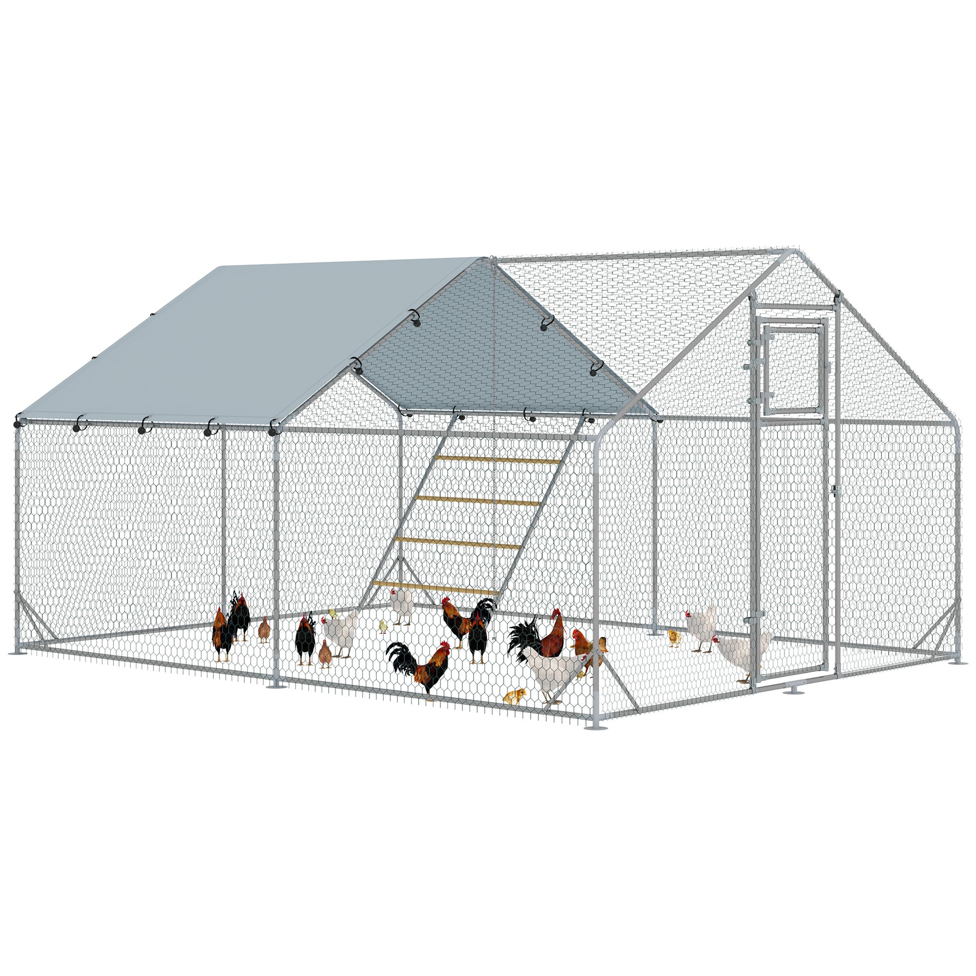 PawHut Walk-in Chicken Run w/ Cover, Feeding Door, Hanging Feeder, Perch, for 12-18 Poultry