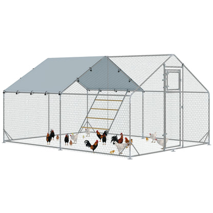 PawHut Walk-in Chicken Run w/ Cover, Feeding Door, Hanging Feeder, Perch, for 12-18 Poultry