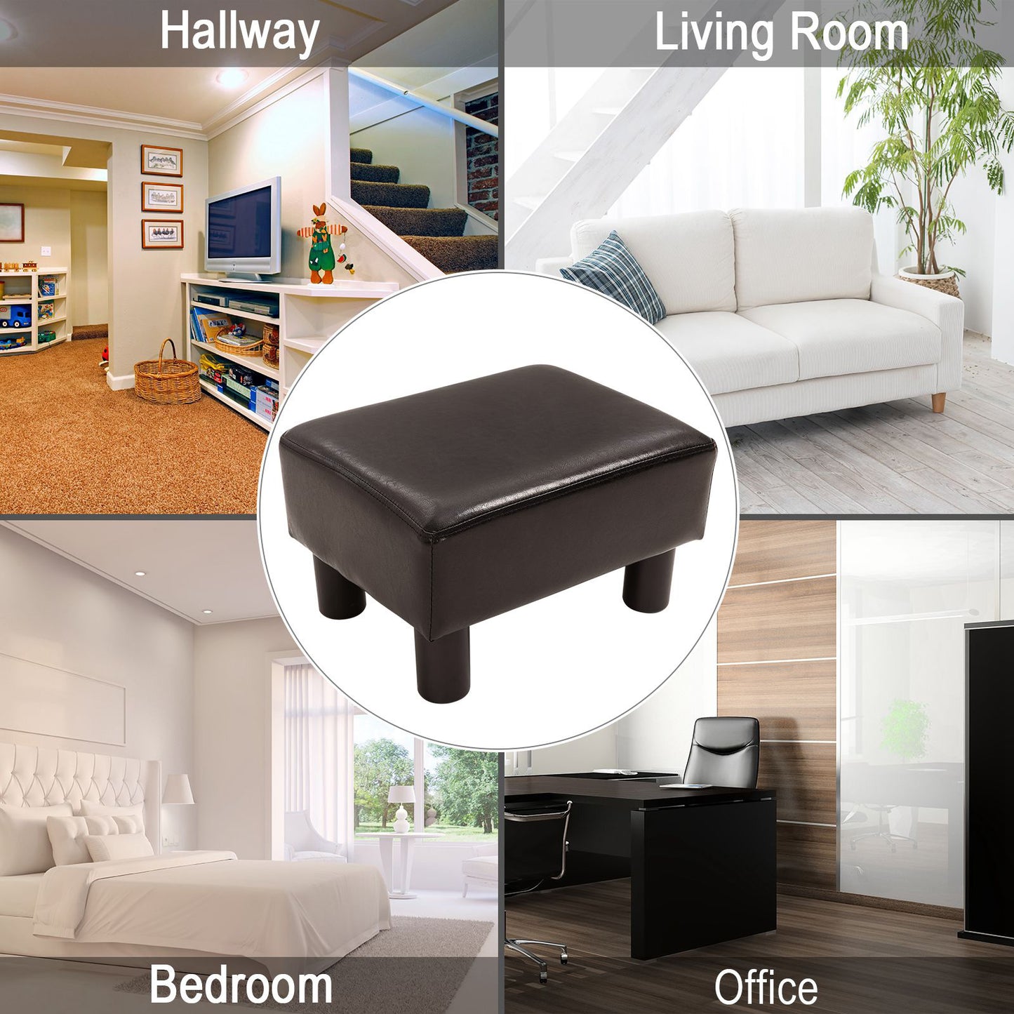 HOMCOM PU Faux Leather Footstool Ottoman Cube w/ 4 Plastic Legs Black