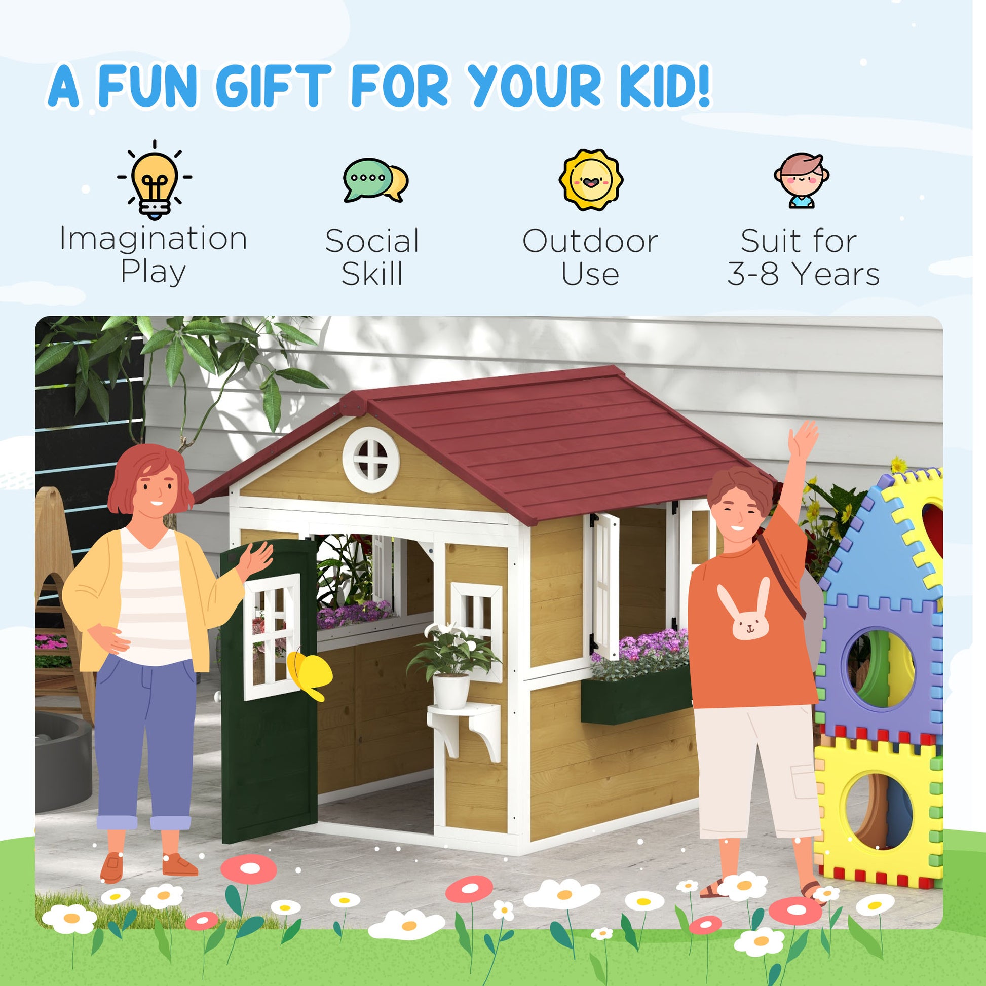 Outsunny Wooden Playhouse with Doors, Windows, Plant Pots, Boxes, for 3-8 Years - Beige