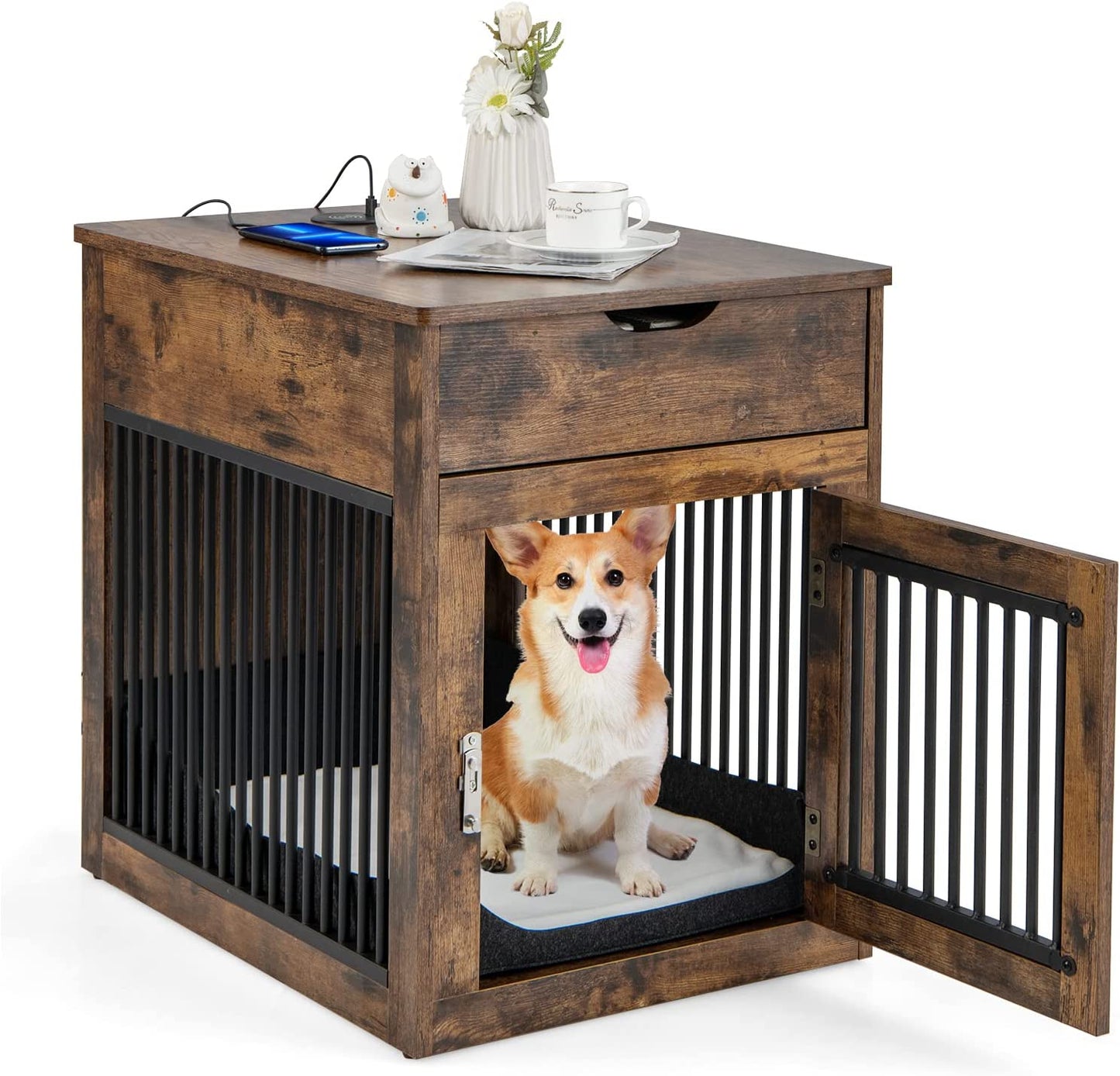 Furniture Style Dog Crate with Wired and Wireless Charging-Rustic Brown