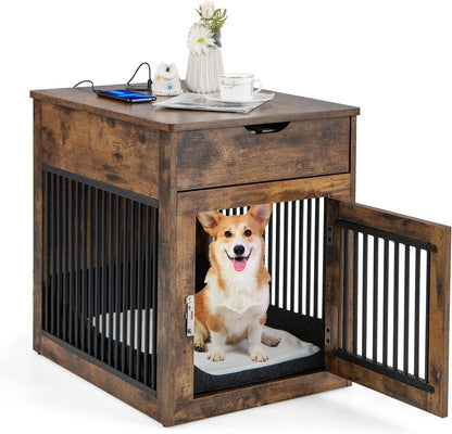 Furniture Style Dog Crate with Wired and Wireless Charging-Rustic Brown