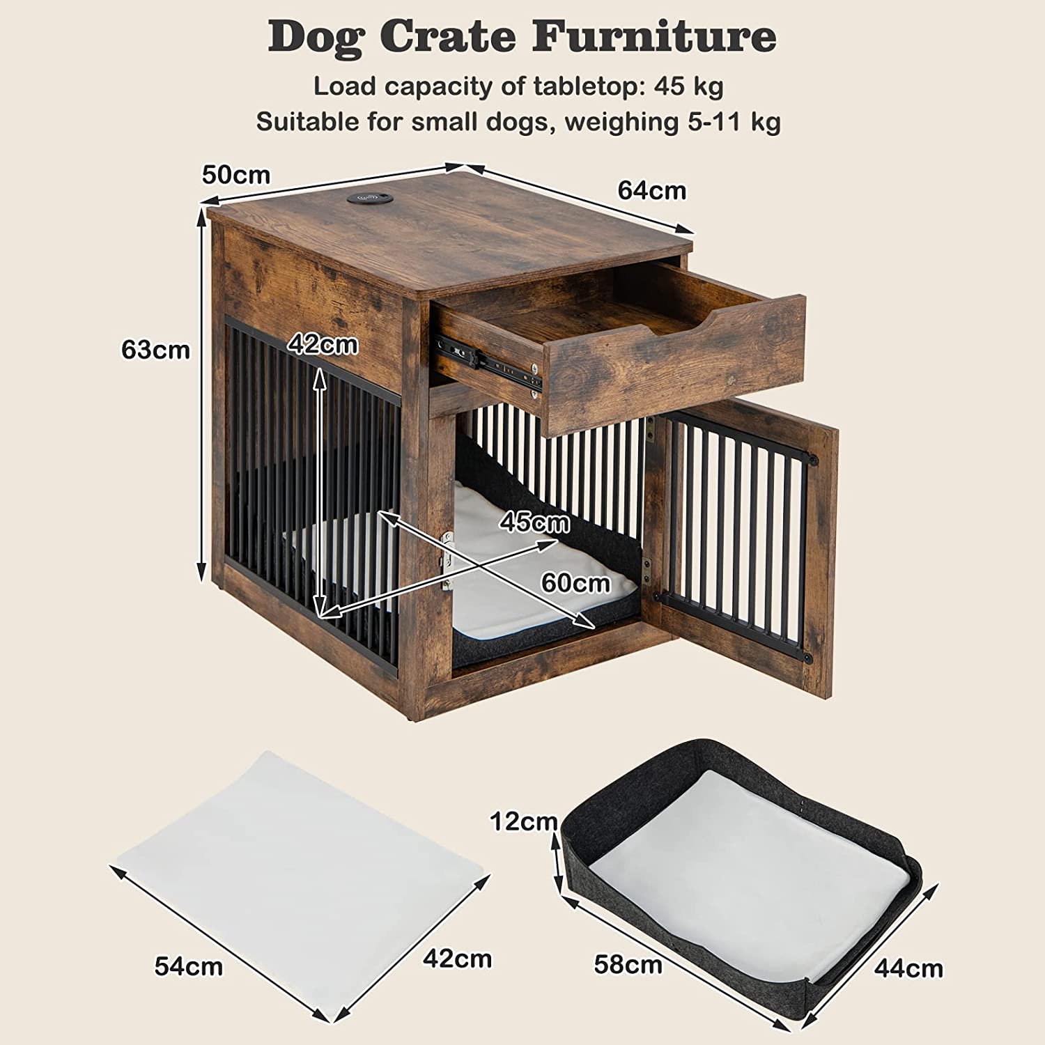 Furniture Style Dog Crate with Wired and Wireless Charging-Rustic Brown