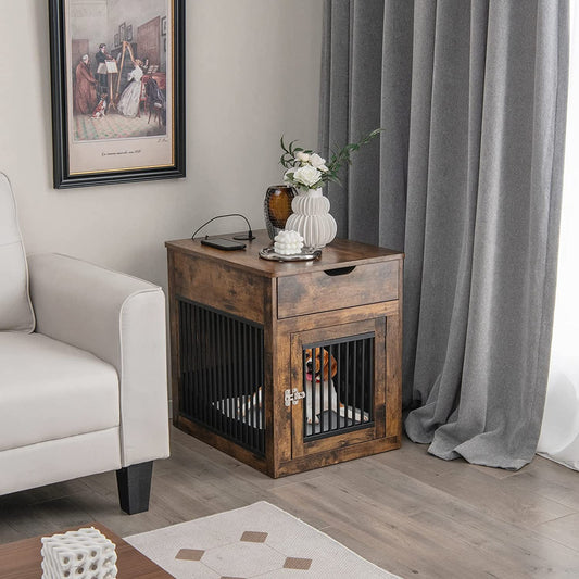Furniture Style Dog Crate with Wired and Wireless Charging-Rustic Brown