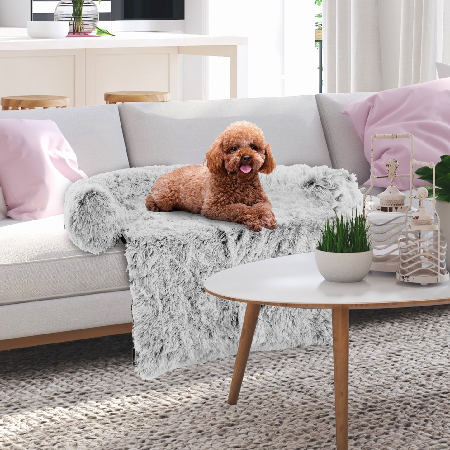 Fluffy Dog Mat Couch Cover Protector with Detachable Washable Cover and Anti-slip Bottom-White-S