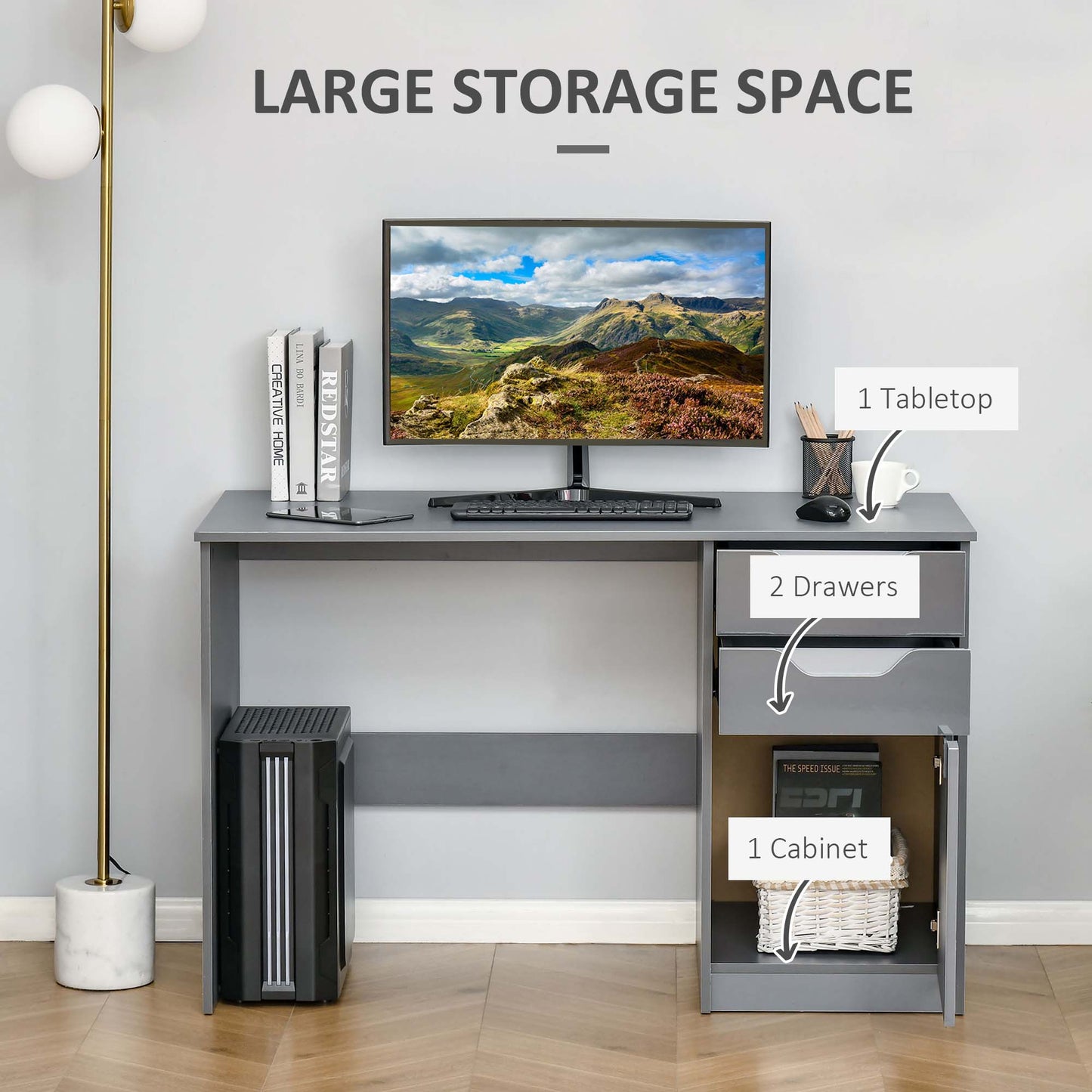 HOMCOM High Gloss Computer Desk with Drawers, Modern Writing Workstation with Storage Cabinet, PC Study Table for Home, Office, Study, Grey