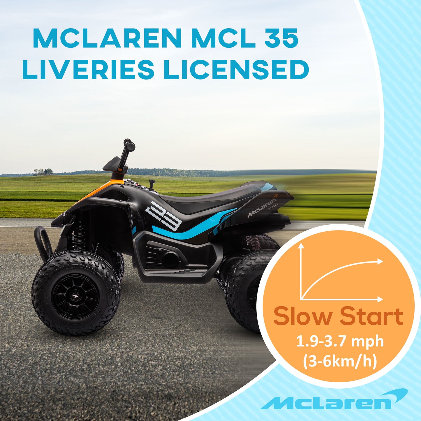 HOMCOM Mclaren Licensed 12V Quad Bike with Slow Start, Music, Headlights, MP3 Slot, Suspension Wheels, for 3-8 Years - Black