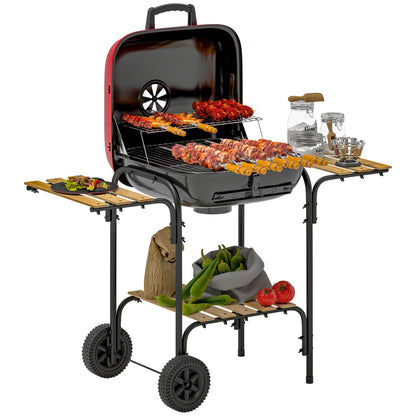 Outsunny Charcoal Barbecue Grill Portable BBQ Grill with 1840 cm² Cooking Area, 3 Shelves, Adjustable Vent, Lockable Lid, Wheels for Outdoor Cooking, Garden Party, Red