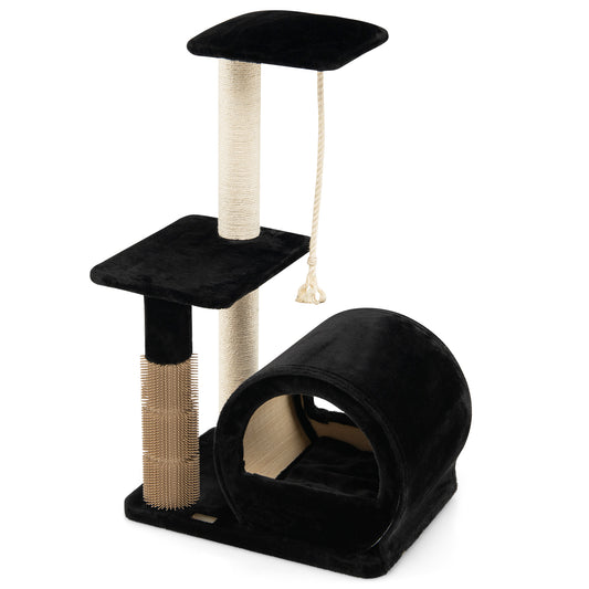 Multi-level Kitty Condo Climbing Tower with Groom Brush and Sisal Rope-Black