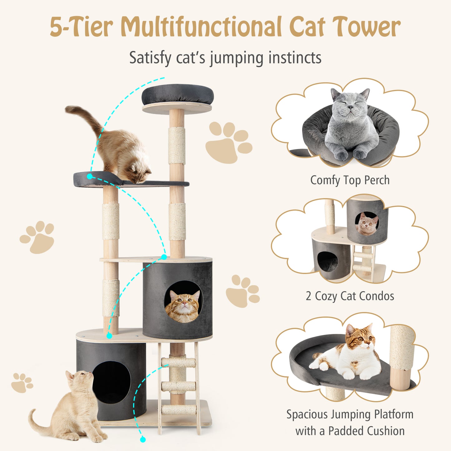 Multi-level Cat Furniture with 2 Cozy Condos-Grey