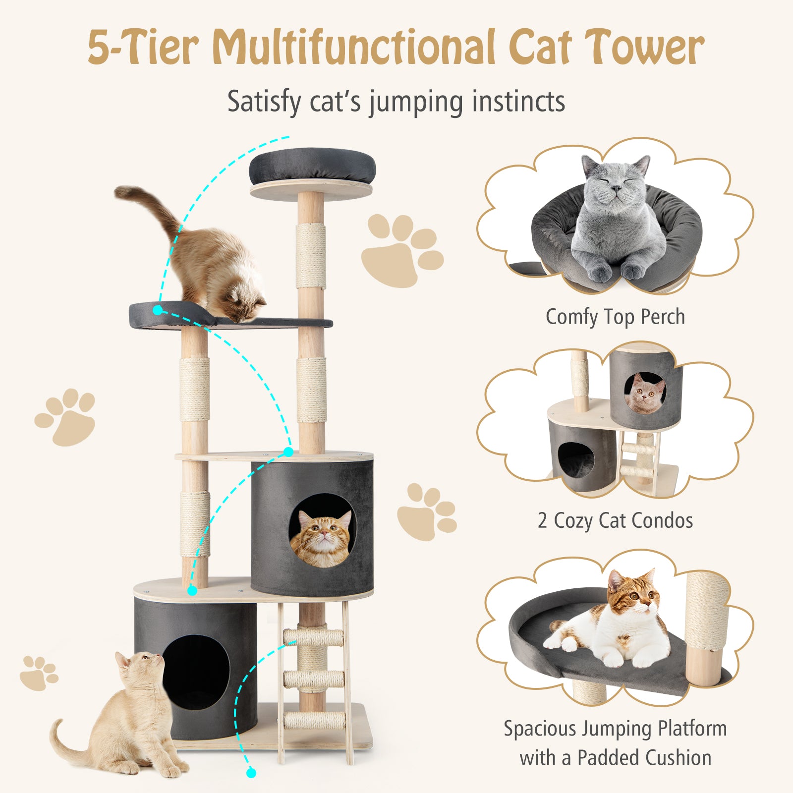 Multi-level Cat Furniture with 2 Cozy Condos-Grey
