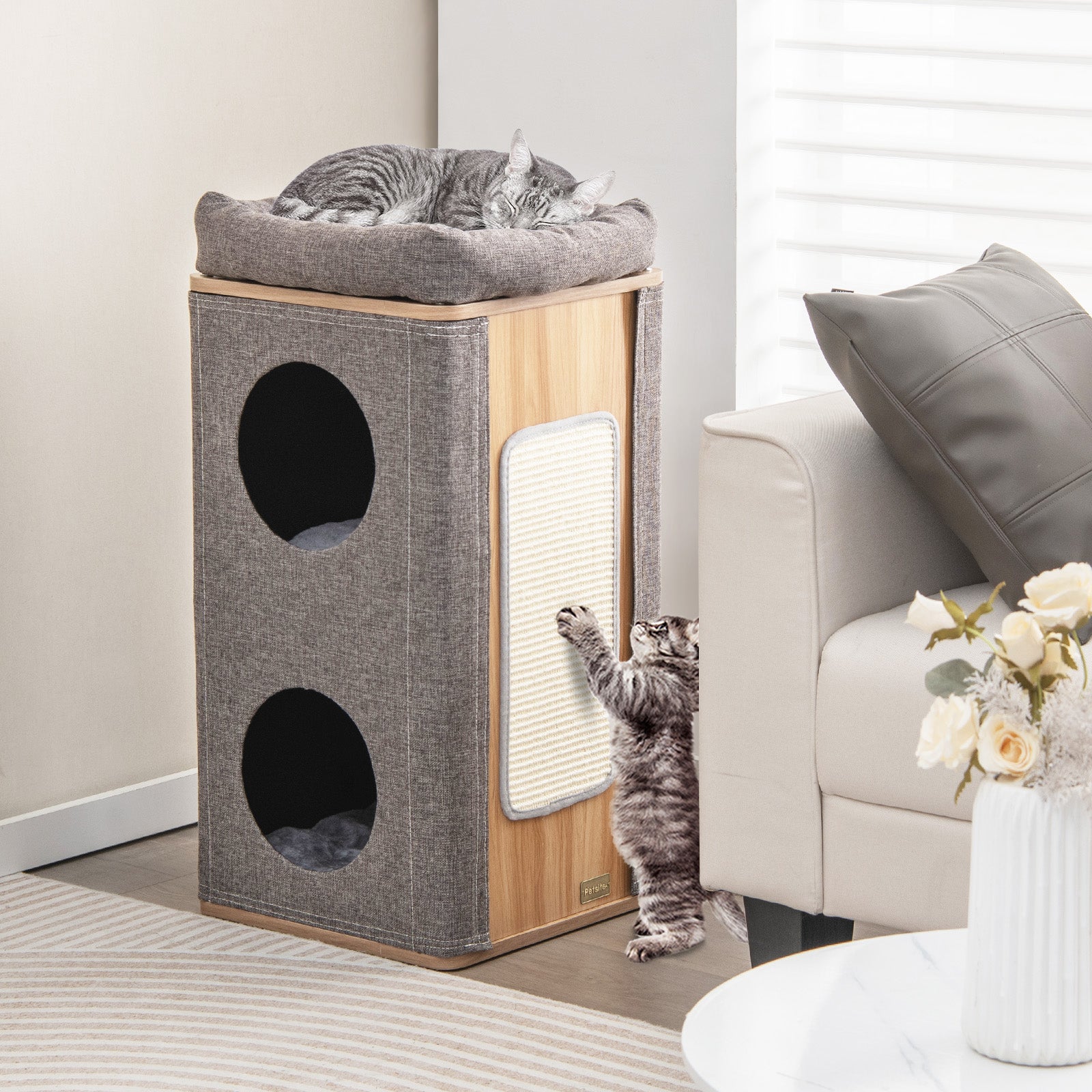 Modern Barrel-Shaped Cat Condo Furniture for Indoor Cats-Grey