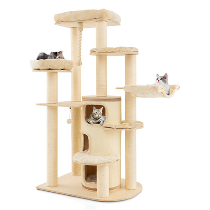 Wooden Cat Tower with 3-story Cat Condo-Beige