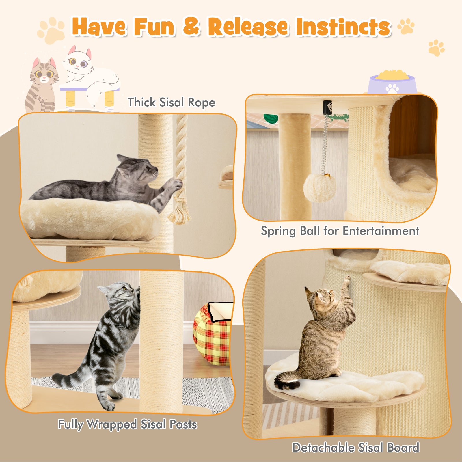 Wooden Cat Tower with 3-story Cat Condo-Beige