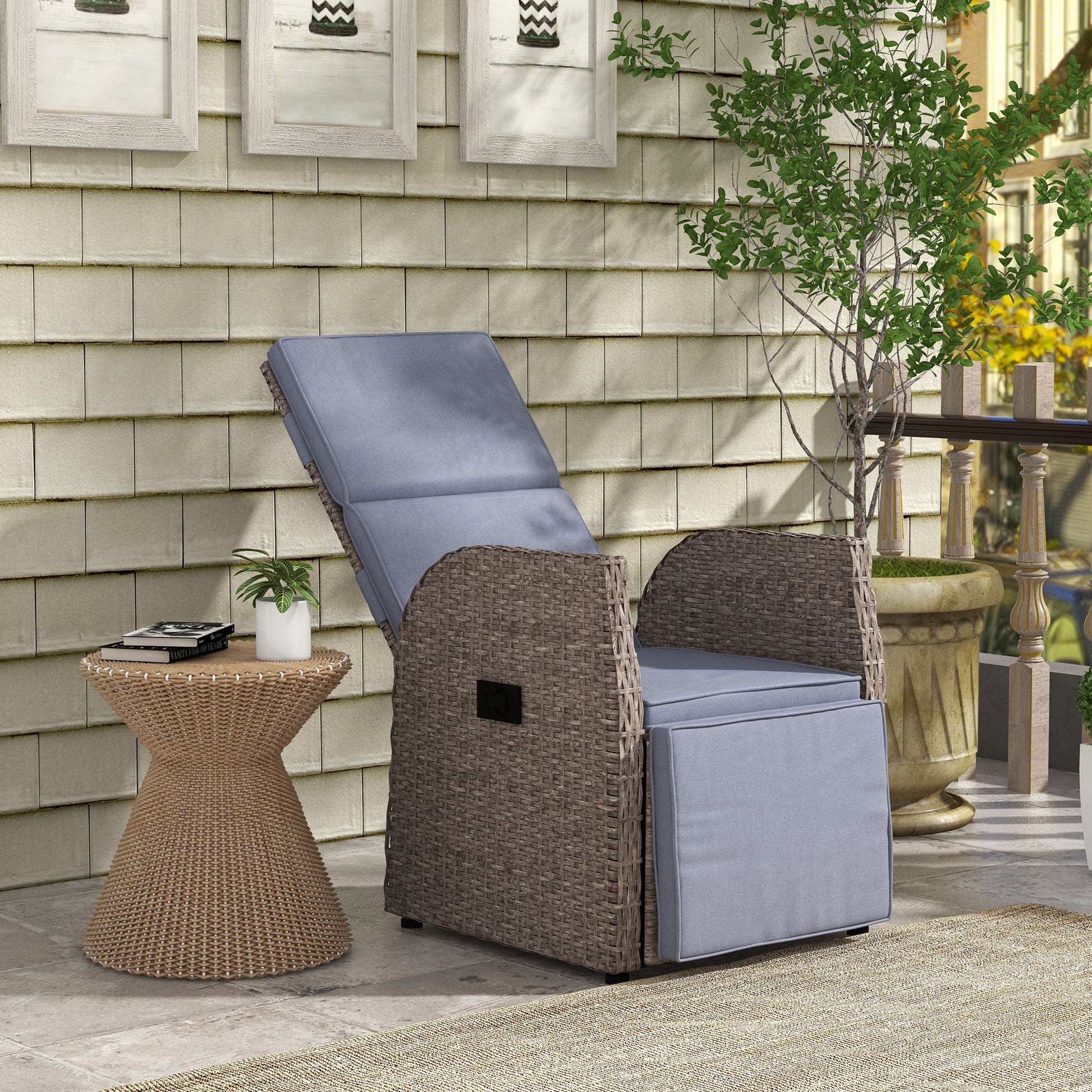 Outsunny 148° Reclining Rattan Garden Armchair, with Footrest - Brown/Grey